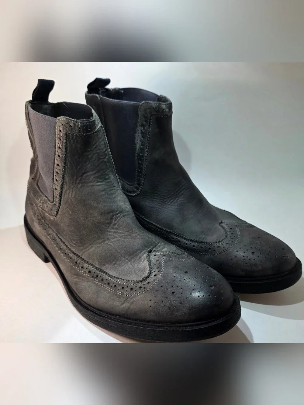 All Saints Grey Military Patina Brogue Leather Chelsea Wingtip Slip On Boots 46